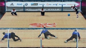 picture of a Goalball court, with two teams ready to play